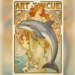 “Art Nouveau poster of dolphin in style of Alphonse Mucha, 8k”