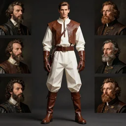 cloth, white brown fabric, jodhpurs high brown lether boots and belts and gloves, fashion retro, men, dark fantasy traveler, geometrical low poly, dainty renaissance portrait by michael garmash, greg rutkowski, gaston bussiere, rhads, craig mullins