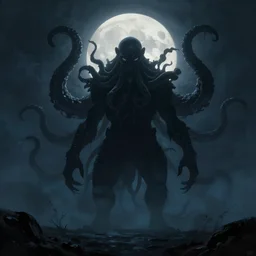 a digital painting of cthulu standing in the distance, silhuette, huge creature, face with tentacles, back lighting, dramatic scene, detailed, night time, full moon, in the style of greg rutkowski