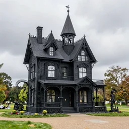 complex precarious spindly black sculptures with a victorian haunted house aesthetic, by louise nevelson and christo, outside at the storm king sculpture park, wide view, telephoto lens