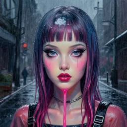 a photorealistic highly detailed painting of a y 2 k 1 9 8 0's jelly on a rainy day by johfra bosschart, lisa frank, kinkade, visionary art, dark fantasy art, high detail, trending on artstation
