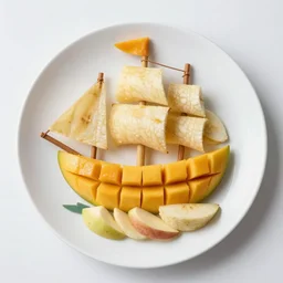 beautiful photo of food art of sailing ship made from mango, bananas and apple pieces on a white plate, dslr