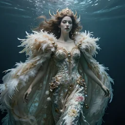 real photoshoot underwater goddess, wearing a feathered cloak and a fancy silk floral dress, ornate, ultra realistic, concept art, intricate details, eerie, highly detailed, photorealistic, octane render, 8 k, unreal engine. ruan jia, wlop. scifi, fantasy, hyper detailed, octane render, concept art, by peter mohrbacher, by wlop, by ruan jia