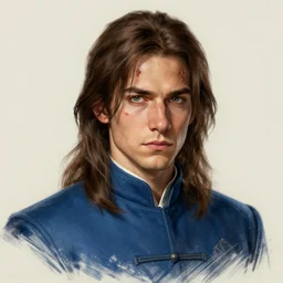 a young man with shoulder length brown hair, with a scar on his forehead. blue uniform. serious expression, handsome, rugged, kaladin stormblessed, way of kings, artgerm, portrait, sketch