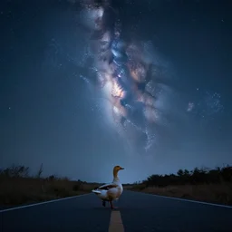 a lonely duck walking on the road and looking up at the sky, milky way, starry sky, art station trend