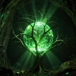 Brightly glowing Green perfect glass sphear, tangled in the branches of a large barren tree,rays of green light shining down onto the tree, inside a dim cave, low lighting, octane render, photo realistic