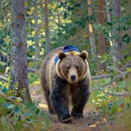Brown Grizzly Bear in a blue hoodie walking through the woods painted in impressionist painter Claude Monet's style Claude Monet Paul Cézanne 4k Brown Trees Green Dirt Path Sunlight Nice cinematography Painting