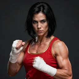a portrait a woman in her 2 0 s, muscular, wearing red tanktop vest with gold lining, white bandages on fists, black hair, short - medium length hair, serious, style by donato giancola, wayne reynolds, jeff easley dramatic light, high detail, cinematic lighting, artstation, dungeons and dragons