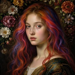 a closeup portrait of one slim beautiful kpop goddess with swirling vivid coloured hair and a wall of flowers in the background, intricate, detailed, painted by botticelli, rachel ruysch, vermeer and ambrosius bosschaert, hyperrealism, dark, dramatic lighting, analogous complementary colour scheme, trending in artstation, octane, rendered