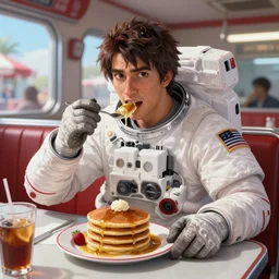 an epic fantasy comic book style portrait painting of an astronaut eating lunch at a diner, pancakes, awesome pose, character design by mark ryden and pixar and hayao miyazaki, unreal 5, daz, hyperrealistic, octane render, cosplay, rpg portrait, dynamic lighting, intricate detail, summer vibrancy, cinematic