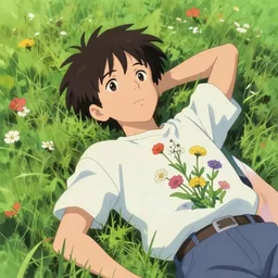 a boy laying in a field with flowers growing from his chest. By Ruan Jia. Makoto shinkai. Norman Rockwell.