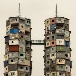 close - up view of two symettrical towers made up of makeshift squatter shacks with faded colours, plain uniform off - white sky, dystopia, hasselblad x 1 d, very detailed, photographed by cristina de middel