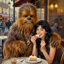 portrait of chewbacca and a happy young italian woman with black hair and green eyes eat cake and sit together outside a busy parisian cafe at sunset painted by emile friant