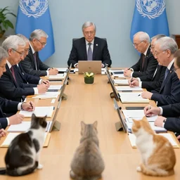 a picture of a meeting of senior un officials, but they're cats