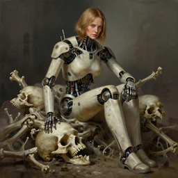 A beautiful detailed whole body portrait painting of Dolores Abernathy sitting on a pile of bones, robot revolution, apocalypse, highly detailed, digital painting, artstation, cgscoiety, dramatic lighting, cinematic, establishing shot, intricate, smooth, sharp focus, illustration, Unreal Engine 5, concept art, 8K, art by artgerm and Westworld and Esao Andrews.