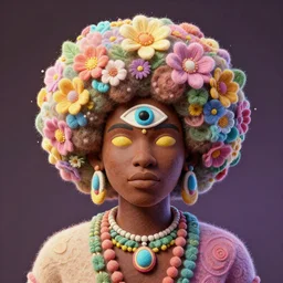 an african marijuanna! shaman with an afro made of flowers, third eye art art by machina infinitum, complexity from simplicity, rendered in octane, mandelbulb 3 d, ambient occlusion, radiant lighting, macro photography, felt!!! texture, tribal, pastel! retrowave