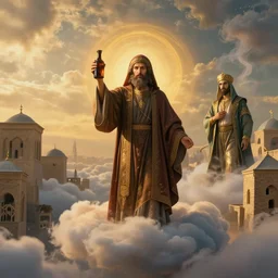 a byzantine priest is carrying a small bottle surrounded by heavenly clouds in a Byzantine city, a persian jinn is surrounded by smoke, concept art, beautiful light, golden hour, symmetry, very coherent, realistic, trending on artstation, cinematic, 85mm lens
