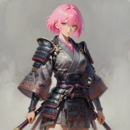 painting by krenz cushart!!, full body of a samurai girl with pink short hair, finely detailed features, intricate brush strokes, beautiful lighting, trending on pixiv fanbox.