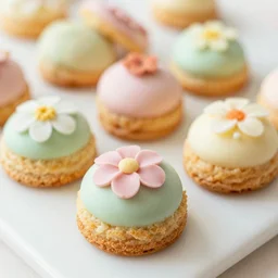1970's cookbook color photograph of floral pastel petit fours high detail sharp detail