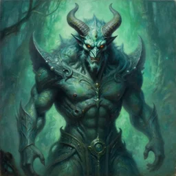 A portrait of the colossal majestic mystical gothic blockchain demon, by Wayne Barlowe, by Paul Lehr, by Bruce Pennington, oil on canvas, masterpiece, trending on artstation, featured on pixiv, cinematic composition, beautiful lighting, sharp, details, details, hyper-detailed, no frames, cyan and green, 8K