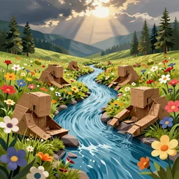 vector art of a babbling brook made of cardboard and flowers by robert rauschenberg and barthelemy menn photorealistic and vivid colors