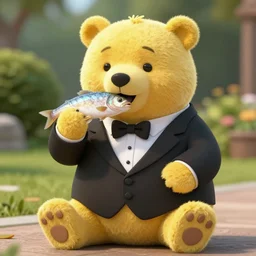 A yellow bear wearing a tuxedo and eating a fish