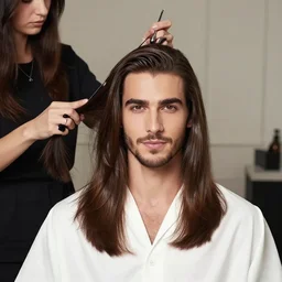 handsome man with shiny and silky long hair gets hair cut by the hair queen, luxurious