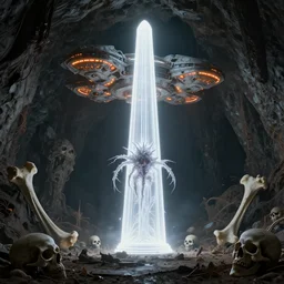 white neon obelisk, super radiating alien spaceship with orange mecha leds, spiky lopsided ferrofluid creature in the center of the decrepit ultra dark underground cave by ross tran and ivan aivazovsky. skulls, big bones, eerie, somber tone. by beeple beksinski. surreal architecture architecture architecture, bizzare landscape, precisionism precisionism precisionism