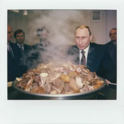 close up medium shot of vladimir putin and giant dish full of meat, cinematic focus, polaroid photo, vintage, neutral dull colors, soft lights, foggy mist, by oleg oprisco, by thomas peschak, by discovery channel, by victor enrich, by gregory crewdson