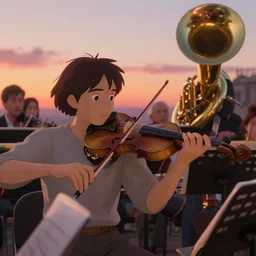 animation key shot, live orchestra performing an epic musical score during sunset, emotional, powerful, viola, violin, tuba, woodwinds, music playing live, close up shot, studio Ghibli, Pixar and Disney animation, sharp, Rendered Unreal Engine 5, film key art, Greg Rutkowski, Bloom, dramatic lighting