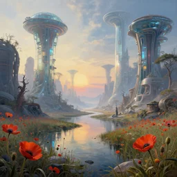 landscape by henri rousseau, tundra alien poppy atlantis junglepunk bladerunner 2 0 4 9 made of glass at dawn azeroth, archdaily, wallpaper, highly detailed, trending on artstation.
