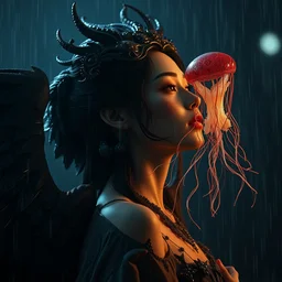 hyperrealism, night background rain, 3 / 4 profile portrait of a goddess real face jellyfish phoenix crow wings, artwork by tooth wu and wlop. octane render, trending on artstation, greg rutkowski cinematic, hyper realism, high detail, octane render, 8 k