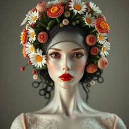 beautiful porcelain ivory woman elegant red plump lips round hazel eyes biomechanical cyborg, elegant haute couture, iris van herpin, laser cut foliage mesh, headdress with daisies, colorful puffballs, mushrooms, rhizomorphs, ivy brackets, fractal sponge corals, hyper detailed, ultra sharp, soft light, 8 k, uhd