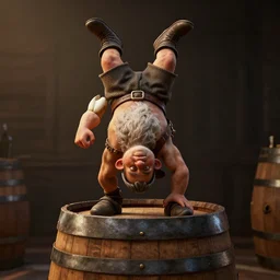 a fighter dwarfs doing a keg stand on a wooden barrel of ale, D&D, dramatic lighting, cinematic, establishing shot, extremely high detail, foto realistic, cinematic lighting, post processed, concept art, high details, cinematic, 8k resolution, beautiful detailed, photorealistic, digital painting, artstation, concept art, smooth, sharp focus, artstation trending, octane render, unreal engine