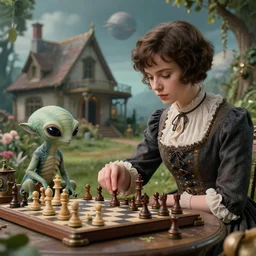 detailed, sharp, a girl with very short hair, playing chess with her cute pet humanoid alien creature, wearing 1860s era clothes, in the garden of a house on an strange alien planet, steampunk, extremely highly detailed, hyperrealistic, highly detailed faces, 70 mm still from a period sci fi movie, 4k