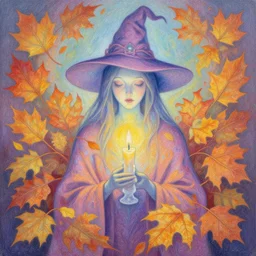 highly detailed pastel colors painting of an symmetric ethereal witch with a candle, morphing into autumn leaves, by artgerm and hsiao - ron cheng, smooth composition, fine patterns and detail