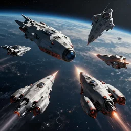 huge space battle, multiple spaceships fighting, moody lighting, anime style, 8 k