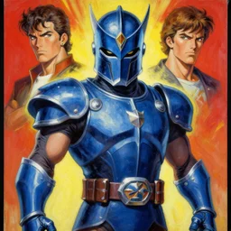 1 9 9 5 retro game poster. indigo knight with intimidating helmet. character class. drew struzan. keith parkinson. oil on canvas.