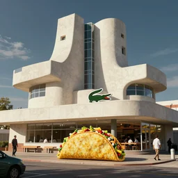 taco bell fast food restaurant inspired by raphael lacoste, simon stalenhag, frank lloyd wright, zaha hadid, matte painting