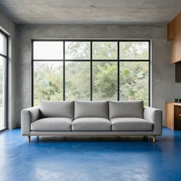 hyper realistic image of a living room with a sofa in the middle and large window behind, blue oxide flooring, concrete, glass, wood