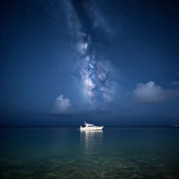 lone yatch on a peaceful sea at night full of stars night clear waters light clouds skies milky way