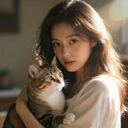 a beatiful woman with a kittie, lens flare, atmosphere, glow, detailed, intricate, full of colour, cinematic lighting, trending on artstation, 4k, hyperrealistic, focused, extreme details, unreal engine 5, cinematic, masterpiece