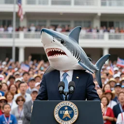 the president with a shark head making a speech to millions of people
