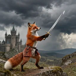 anthropomorphic fox!! who is a med - ieval kn - ight holding a swo - rd towards a stormy thundercloud [ 1 9 3 0 s film still ], ( fantasy castle in the background )
