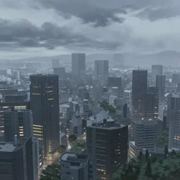 beautiful raining anime cityscape by makoto shinkai, tall buildings and grey fog, trending on pixiv