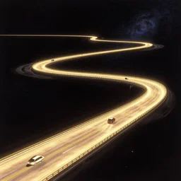 a wide glowing space roadway winding through space by noriyoshi, ohrai and richard corben and peter elson, highly detailed