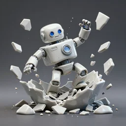 dissection of crazy ceramic exploding crash miniature toy Figure Robot scientist falling apart 8K, zbrush, c4d, in a Studio hollow, surrounded by flying parts, from avengers, explosion drawing, by greg rutkomski