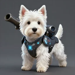 a west highland white terrier, anime art style, wearing futuristic, led - lit armor, and a cannon mounted on his back, portrait, high detail, sharp focus, digital painting, artstation, concept art, art by artgerm and greg rutkowski and alphonse mucha.
