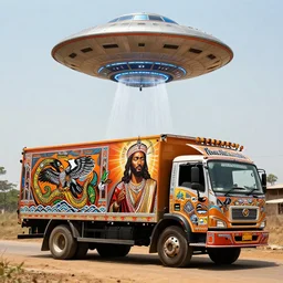 UFO hovering over an African Jesus , in the style of Nigerian truck art (Eagle & Snake, Kano),