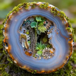 close up of moss agate with various biological ecosystem growing inside, insanely detailed